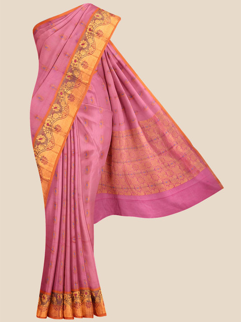 

Kalamandir Pink & Gold-Toned Woven Design Zari Silk Blend Venkatgiri Saree