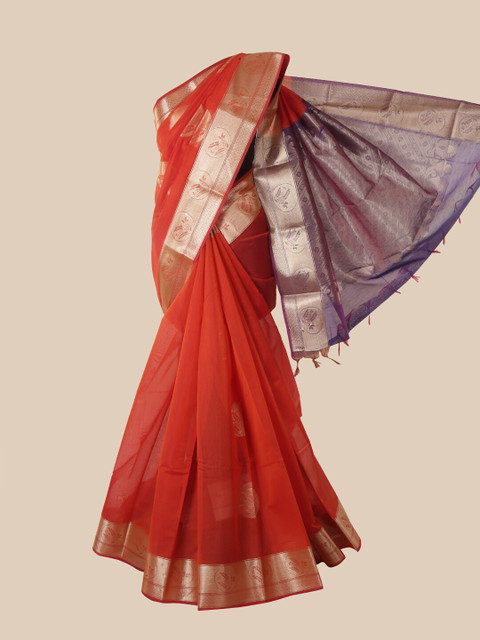 

Pothys Orange & Purple Zari Silk Cotton Saree