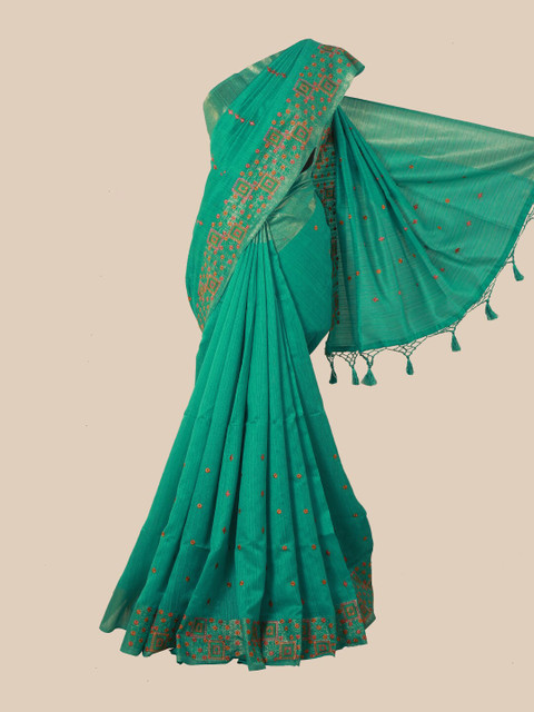 

Pothys Green & Orange Floral Jute Silk Saree