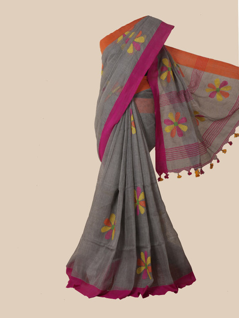 

Pothys Grey & Yellow Floral Linen Blend Saree