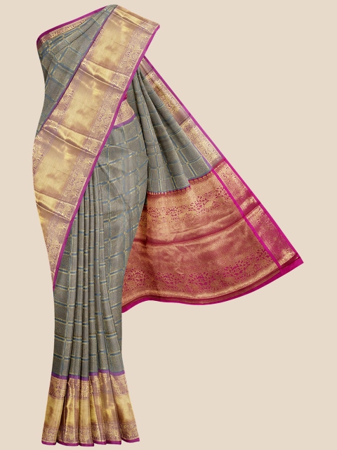 

Kalamandir Grey & Gold-Toned Ethnic Motifs Zari Silk Blend Banarasi Saree