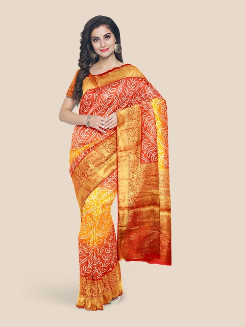 

Kalamandir Orange Bandhani Zari Silk Blend Banarasi Saree