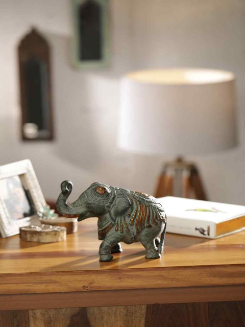 Amoliconcepts Grey & Gold-Toned Intricate Brass Work With Antique Stone Finish Elephant Showpiece