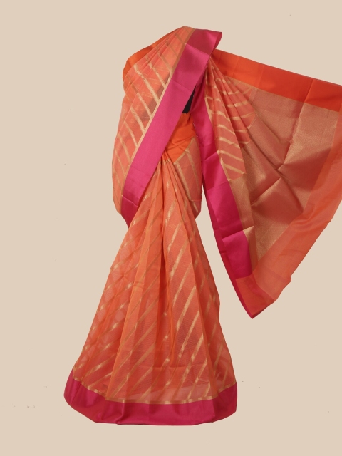

Pothys Orange & Magenta Striped Zari Supernet Saree
