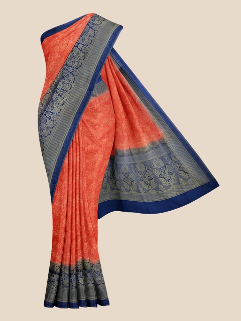 

Kalamandir Red & Blue Ethnic Motifs Zari Silk Blend Banarasi Saree