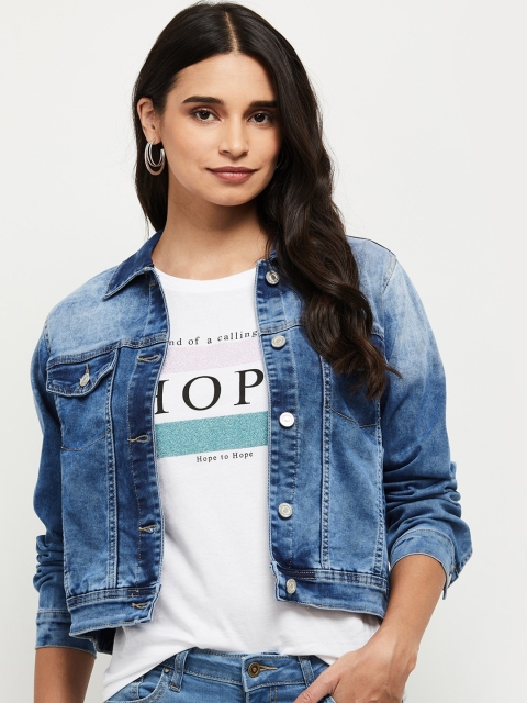 

max Women Blue Stone Washed Lightweight Crop Denim Jacket