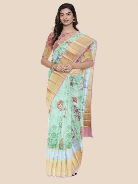 

Kalamandir Sea Green & Pink Floral Printed Silk Blend Saree