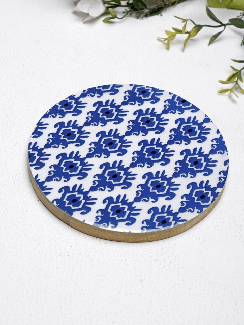 

Fabindia White & Blue Devang Enamelled Round Mango Wood Coaster