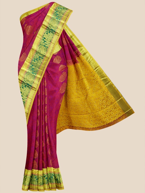 

Kalamandir Purple & Yellow Woven Design Zari Silk Blend Kanjeevaram Saree