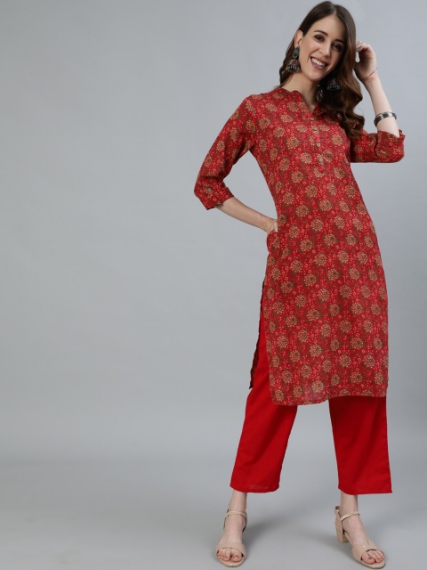 

Ishin Women Red Pure Cotton Floral Printed Kurta with Trousers