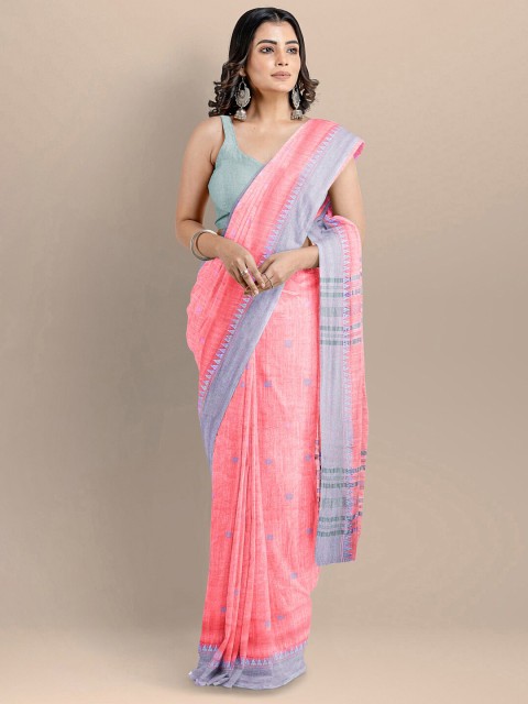 

BharatSthali Pink & Grey Woven Design Pure Cotton Mangalagiri Saree