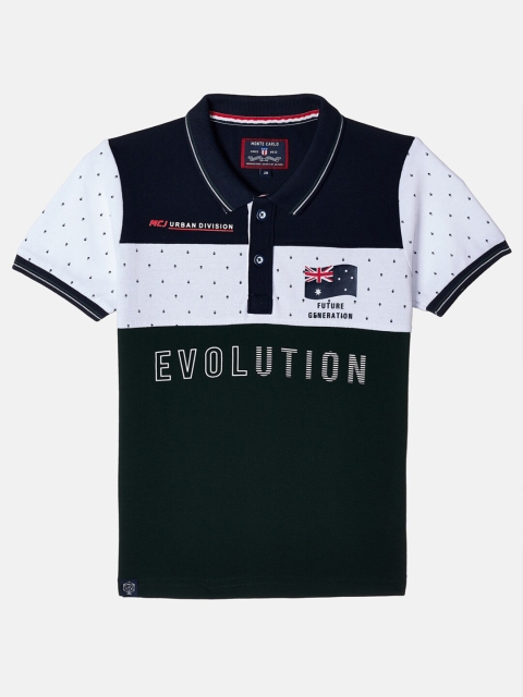 

Monte Carlo Boys Navy Blue & White Printed Cotton Polo Collar T-shirt
