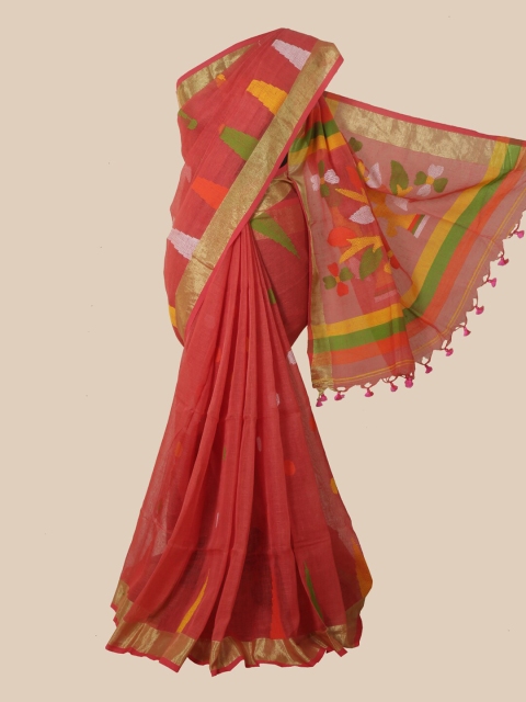 

Pothys Pink & Yellow Zari Linen Blend Saree