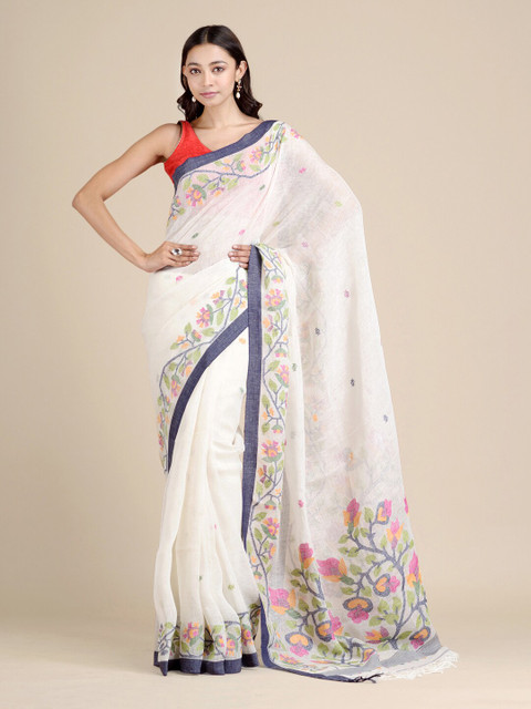 

Mitera White & Pink Floral Pure Linen Hand Woven Jamdani Saree