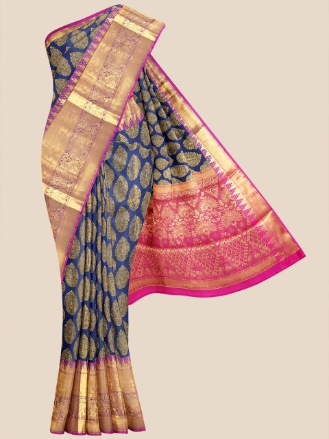 Kalamandir Navy Blue & Gold-Toned Woven Design Zari Silk Blend Banarasi Saree
