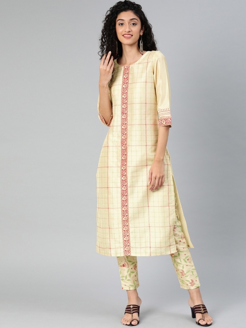 

ZIYAA Women Cream-Coloured & Maroon Checked Kurta