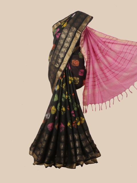

Pothys Black & Pink Bandhani Zari Jute Cotton Saree
