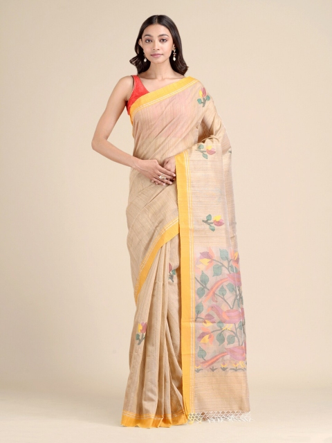 

Mitera Beige Floral Pure Matka Silk Hand Woven Dhakai Jamdani Saree