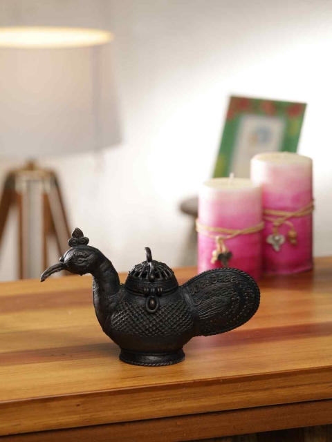 

Amoliconcepts Black Antique Dhokra Peacock Shape Ink Pot Showpiece