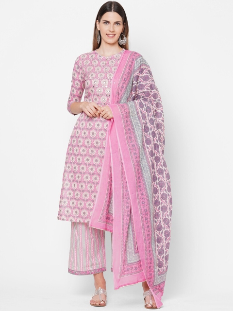 

FASHOR Women Pink Floral Striped Pleated Pure Cotton Kurta with Pyjamas & With Dupatta