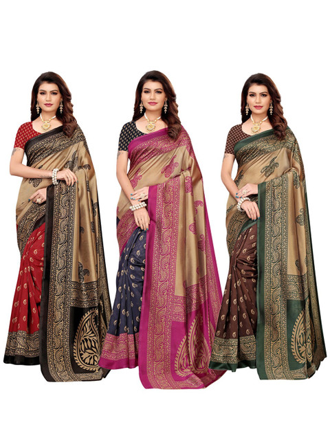 

KALINI Beige & Multicoloured Paisley Pochampally Pack of 3 Saree