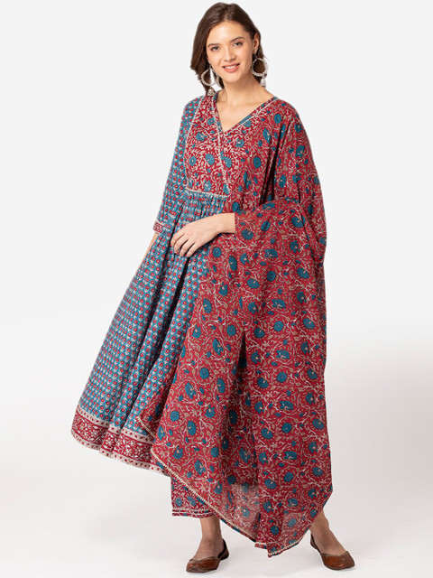 

TARA-C-TARA Women Blue & Red Floral Angrakha Pure Cotton Kurta With Trousers & Dupatta