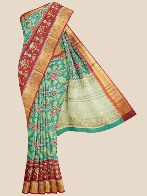 

Kalamandir Green & Brown Ethnic Motifs Zari Silk Blend Banarasi Saree
