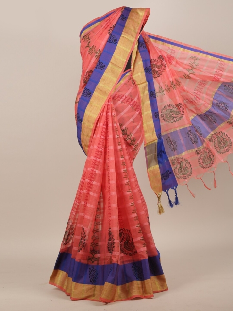

Pothys Pink & Blue Ethnic Motifs Zari Cotton Blend Saree