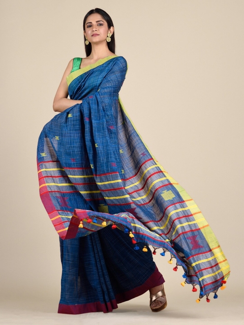 

Mitera Blue & Yellow Hand Woven Pure Cotton Saree With Duel Border
