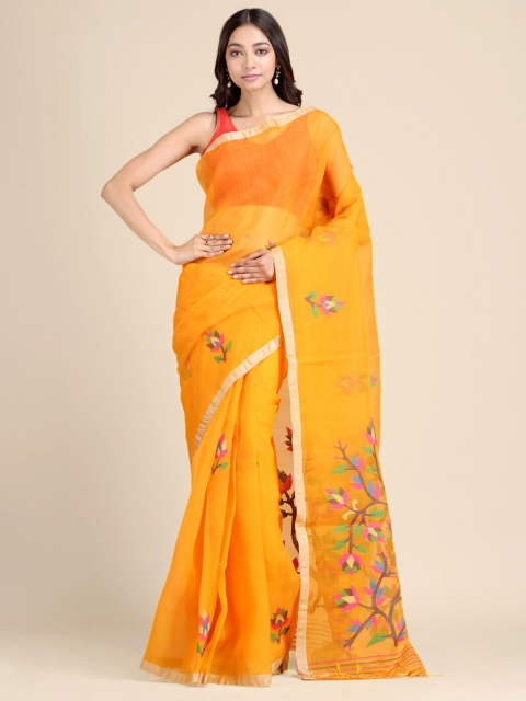 

Mitera Orange & Pink Floral Zari Pure Silk Heavy Work Jamdani Saree