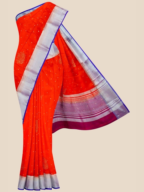 

KLM Fashion Mall Orange Ethnic Motifs Zari Silk Blend Banarasi Saree