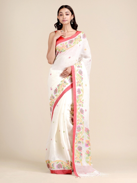 

Mitera White & Green Floral Pure Linen Heavy Work Jamdani Saree