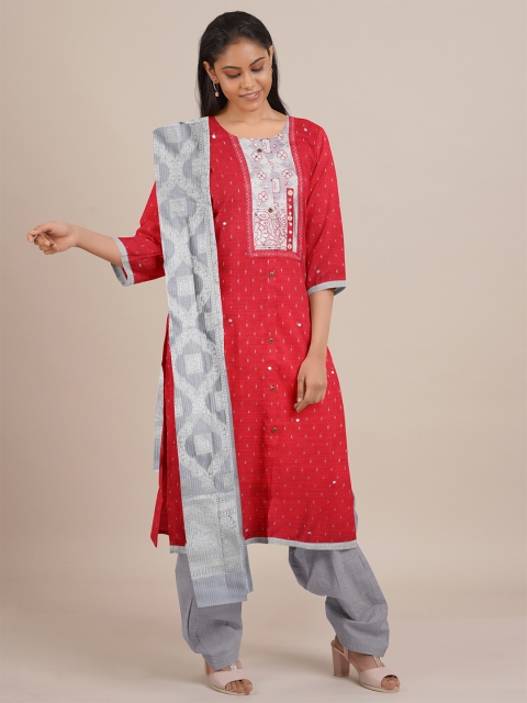 

Pothys Red & Grey Printed Unstitched Dress Material