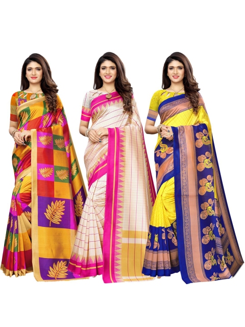 

KALINI Beige & Yellow Floral Pochampally Pack of 3 Saree