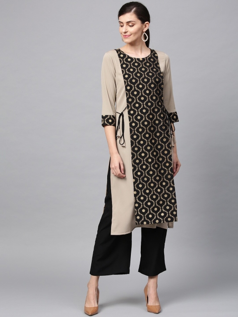 

ZIYAA Women Beige Ethnic Motifs Thread Work Crepe Straight Kurta