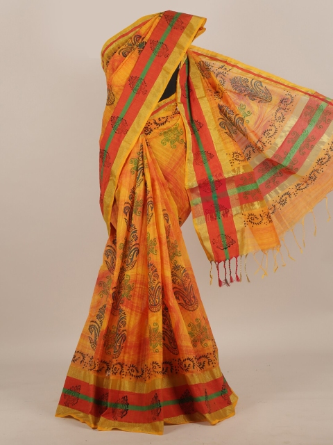 

Pothys Yellow Ethnic Motifs Zari Cotton Blend Saree