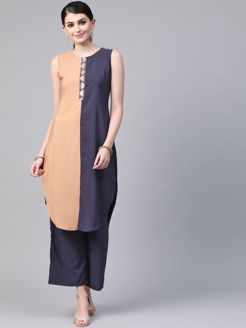 

ZIYAA Women Navy Blue Colourblocked Crepe Straight Kurta