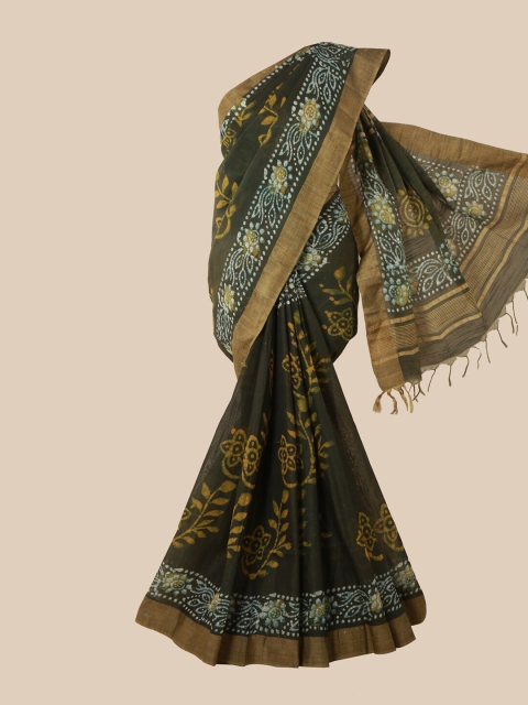 

Pothys Olive & Gold-Toned Batik Jute Cotton Saree
