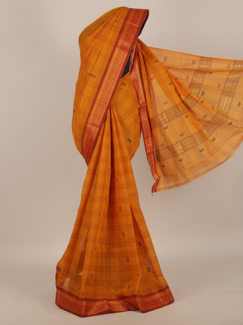 

Pothys Mustard & Maroon Checked Pure Cotton Saree