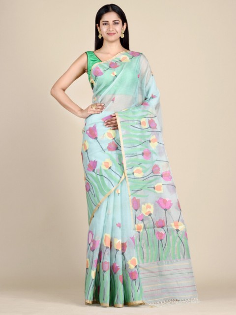 

Mitera Sea Green & Pink Floral Pure Silk Heavy Work Jamdani Saree