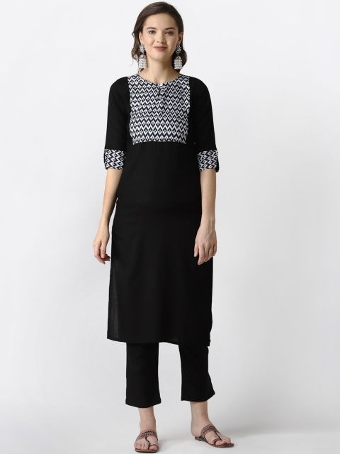 

SANISA Women Black & White Geometric Yoke Design Handloom Kurta
