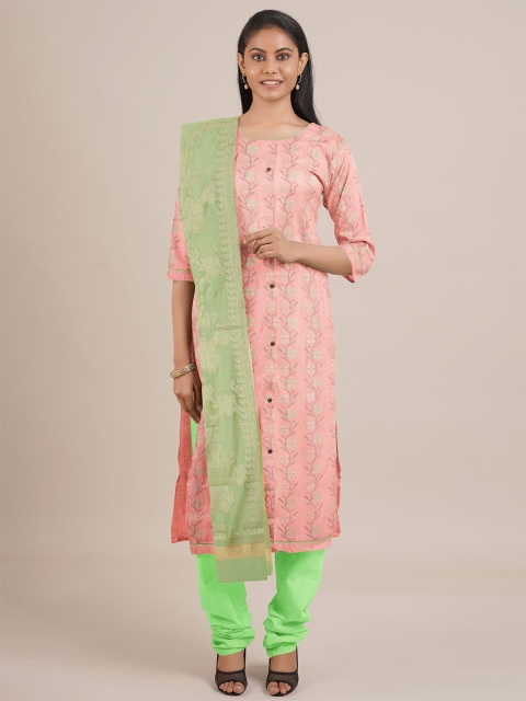 

Pothys Peach & Green Printed Unstitched Dress Material