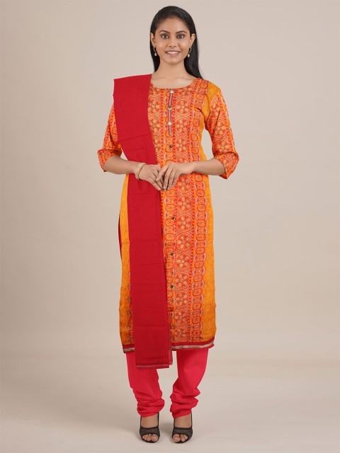 

Pothys Orange & Red Printed Unstitched Dress Material
