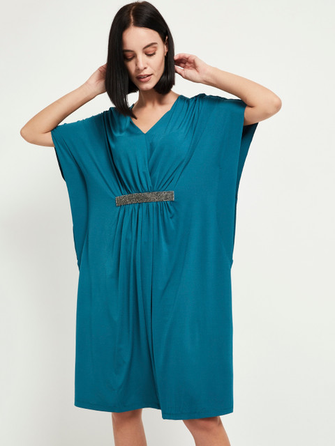 

max Teal Blue Gathered Kaftan Dress