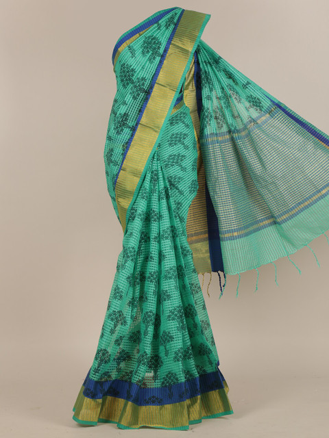 

Pothys Green & Gold-Toned Floral Zari Pure Cotton Saree