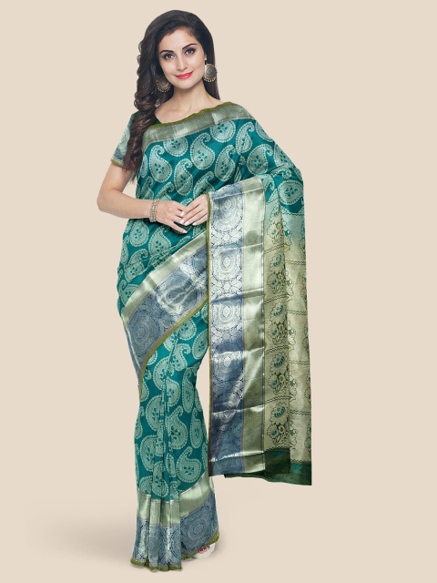 

Kalamandir Teal & Silver-Toned Paisley Silk Blend Kanjeevaram Saree