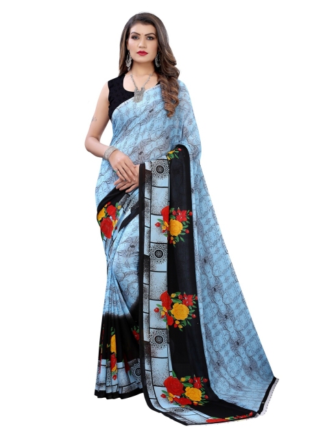 

KALINI Blue & Black Floral Printed Pure Georgette Saree