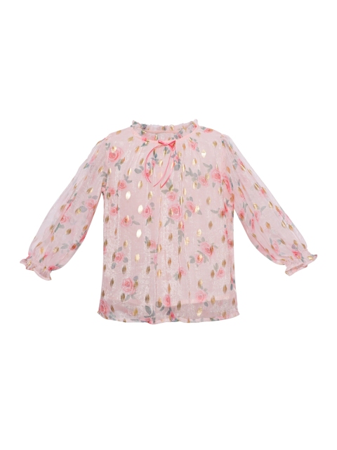 

Daffodils GIRLS WEAR Girls Peach-Coloured Floral Chiffon Regular Top