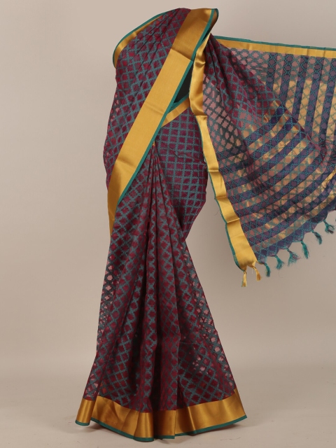 

Pothys Purple & Gold-Toned Checked Zari Cotton Blend Saree