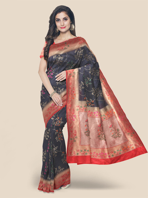 

KLM Fashion Mall Navy Blue & Pink Floral Zari Silk Blend Banarasi Saree